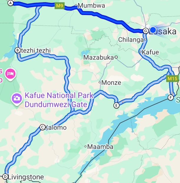 Zambia route map with trip points between Lusaka, Kafue, Livingstone, and Lake Kariba